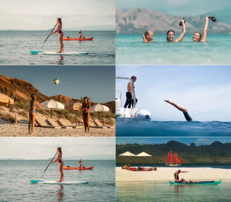 Couple paddleboarding with private yatch at sunrise in Komodo National Park