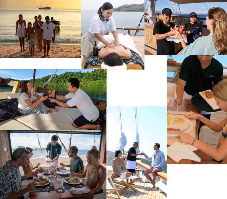 Guests enjoying a luxury phinisi cruise in Raja Ampat surrounded by turquoise waters and island views