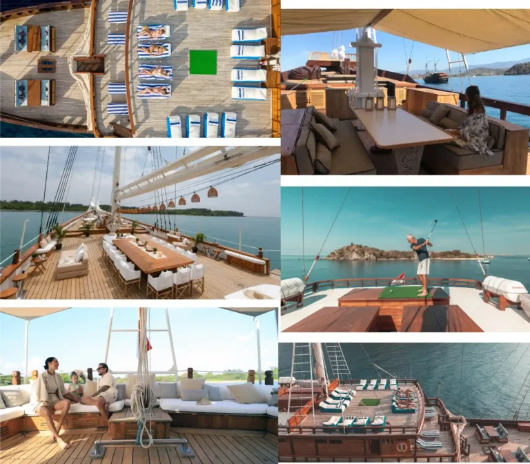 "The sundeck of a luxury yacht with panoramic ocean views and a jacuzzi