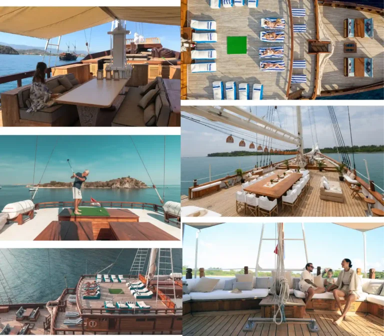 Spacious deck and fine dining setup on a luxury Indonesian phinisi sailing across Raja Ampat