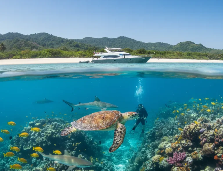 Indonesia liveaboard scuba diving in Lombok and the Secret Gilis with tropical island coastline above and sharks and sea turtles underwater