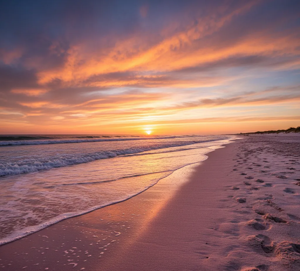 Pink sand beach at sunset with wet shoreline reflecting warm golden light, subtle blush sand tone, low sun angle, calm waves, dramatic sky, natural color realism, high detail sand texture
