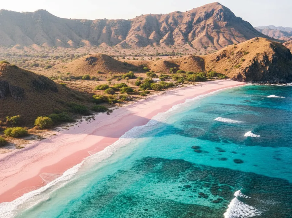 Pink Beach Komodo National Park Indonesia aerial view, coral pink sand, clear blue water, rugged hills in background, dry savanna landscape, bright morning light, natural color, no people, high resolution travel photography