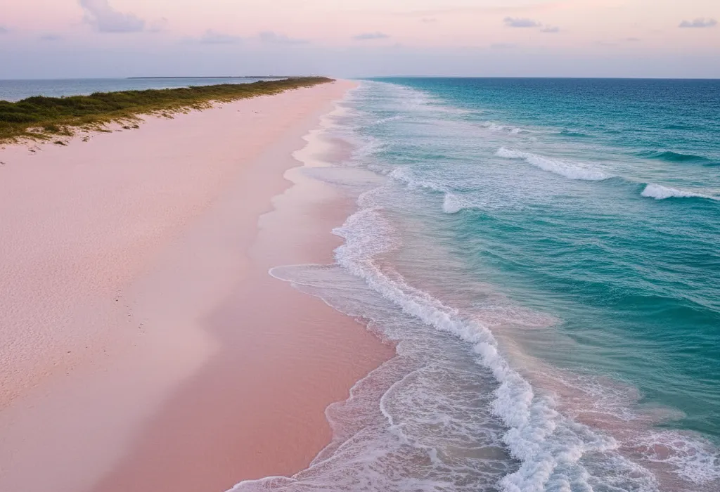 Pink Sands Beach Harbour Island Bahamas long stretch of deep pink sand, soft pastel sky, Atlantic waves rolling in, wide-angle travel photography, natural saturated pink sand, no heavy editing, professional composition