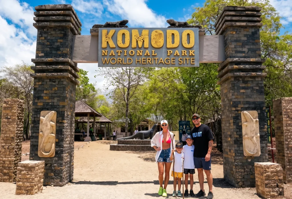 A family at the Komodo National Park entrance gate in 2026, where advance booking via SiORA is now mandatory