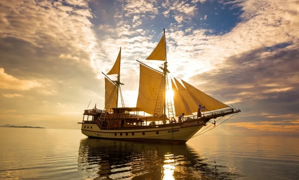 Phinisi Boat Departure from Lombok Harbor